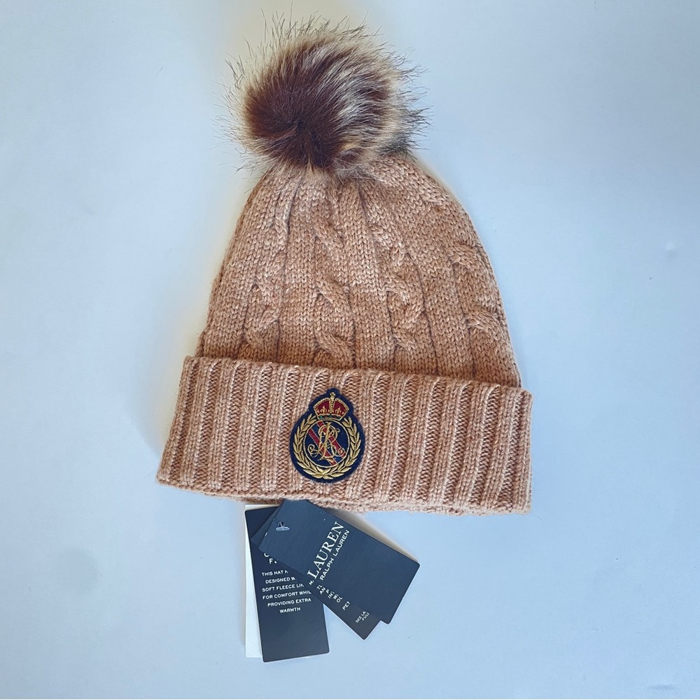 LAUREN RALPH LAUREN CREST-PATCH POM-POM CABLE WOMEN'S BEANIE.